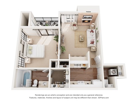 Floor plan for 1 bed, 1 bath, 558 sqft
